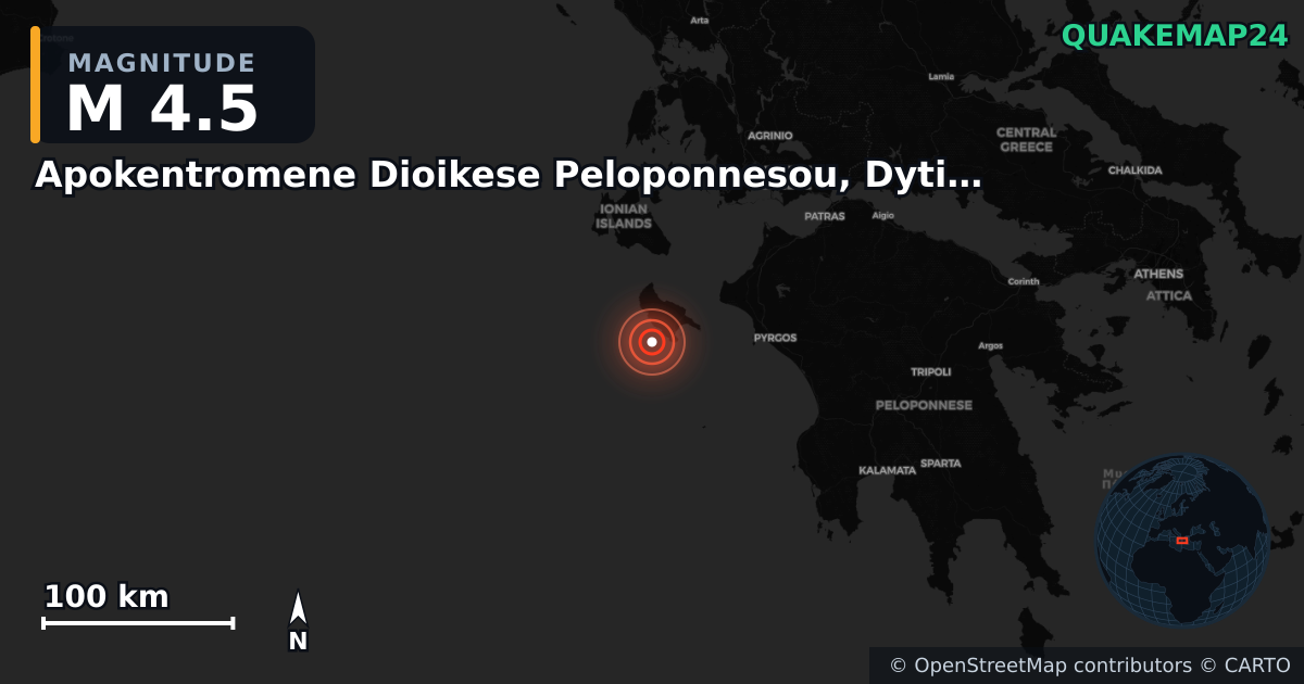 M4.5 earthquake near Apokentromene Dioikese Peloponnesou, Dytikes Elladas kai Ioniou on Oct 1, 2025 — map of epicenter and shaking intensity | QuakeMap24