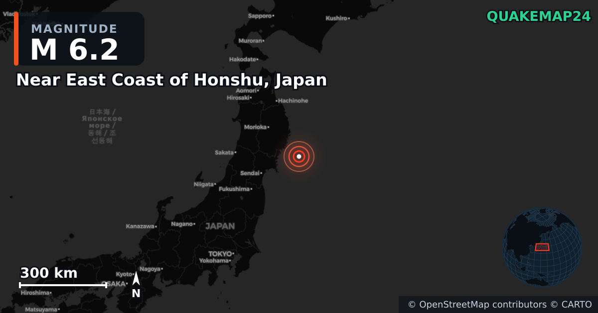 M6.2 earthquake near Near East Coast of Honshu, Japan on May 15, 2026 — map of epicenter and shaking intensity | QuakeMap24