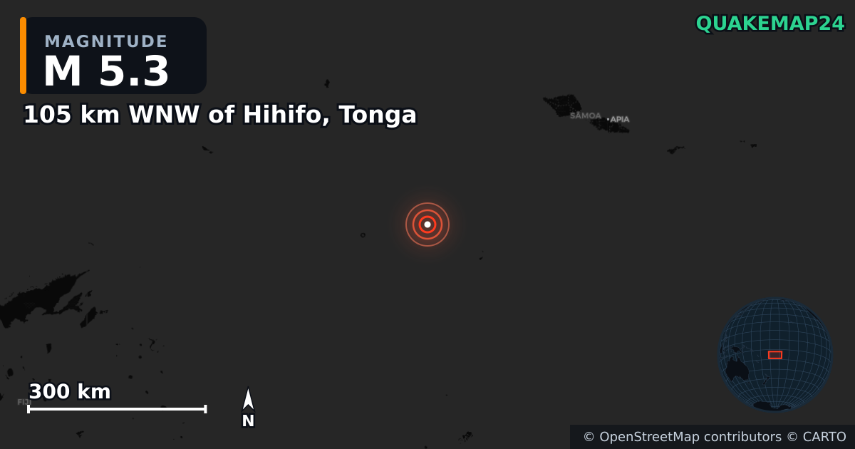 M5.3 earthquake near 105 km WNW of Hihifo, Tonga on Apr 4, 2025 — map of epicenter and shaking intensity | QuakeMap24