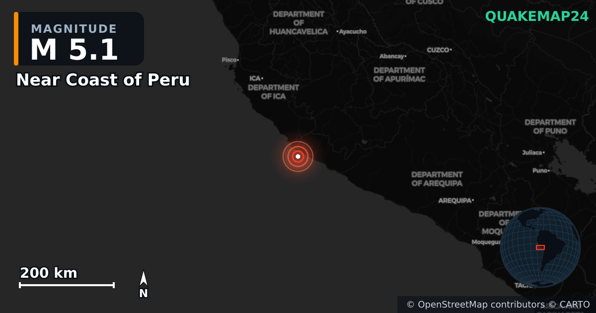 M5.1 earthquake near Near Coast of Peru on Sep 22, 2025 — map of epicenter and shaking intensity | QuakeMap24