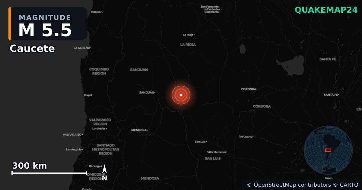 M5.5 earthquake near Caucete on Jul 4, 2026 — map of epicenter and shaking intensity | QuakeMap24