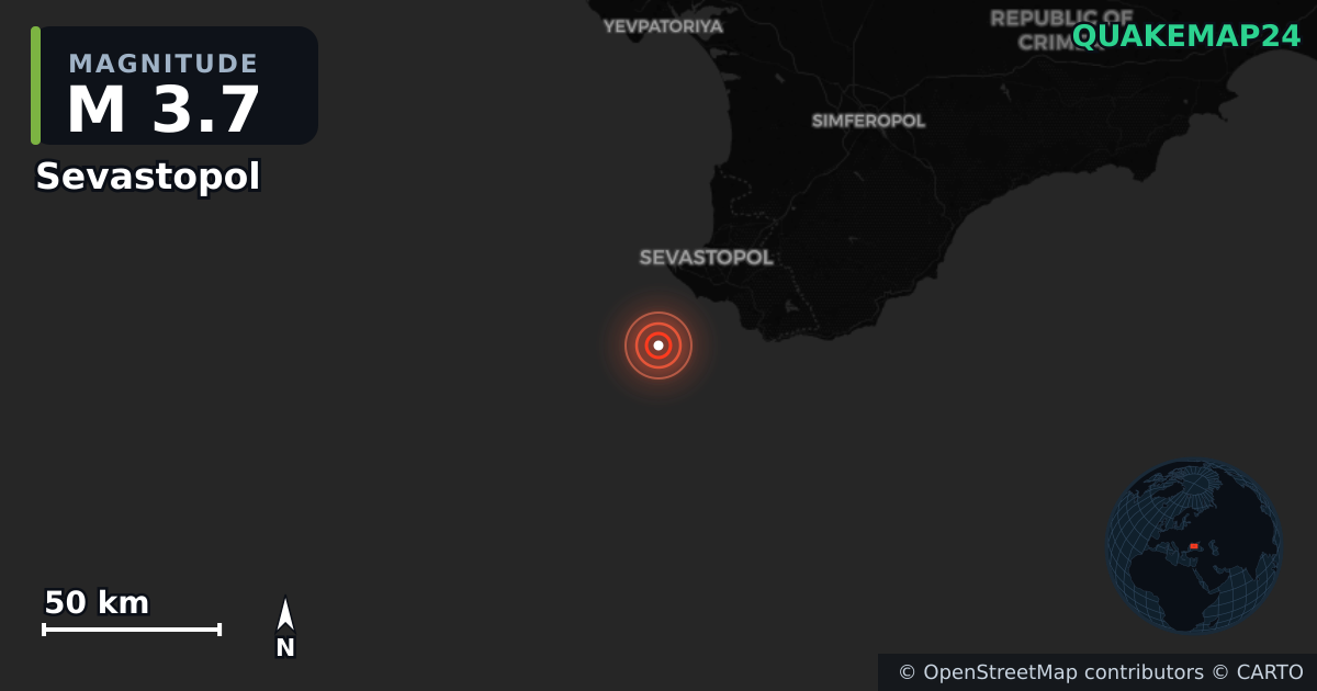 M3.7 earthquake near Sevastopol on Jun 22, 2026 — map of epicenter and shaking intensity | QuakeMap24