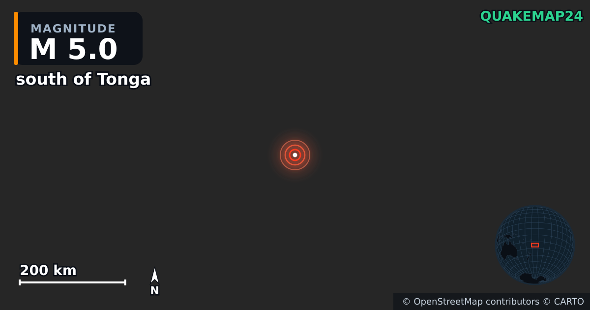 M5.0 earthquake near south of Tonga on Aug 2, 2026 — map of epicenter and shaking intensity | QuakeMap24