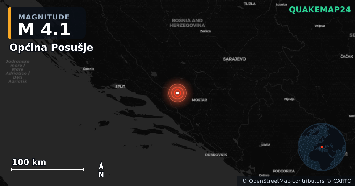 M4.1 earthquake near Općina Posušje on Feb 19, 2026 — map of epicenter and shaking intensity | QuakeMap24