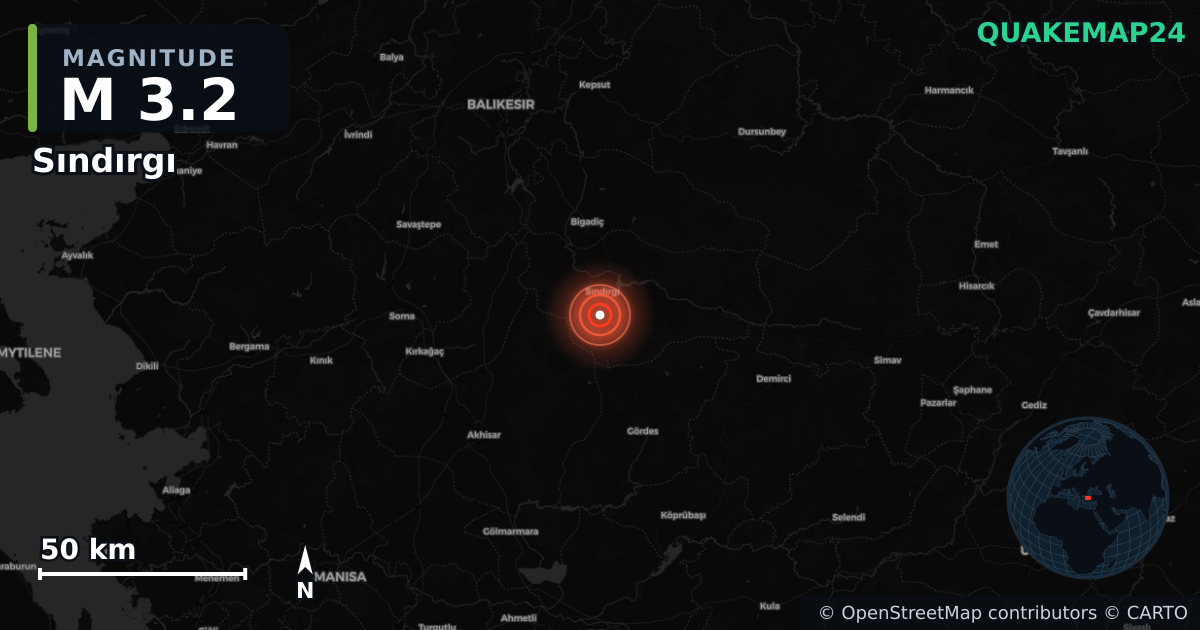 M3.2 earthquake near Sındırgı on Aug 24, 2025 — map of epicenter and shaking intensity | QuakeMap24