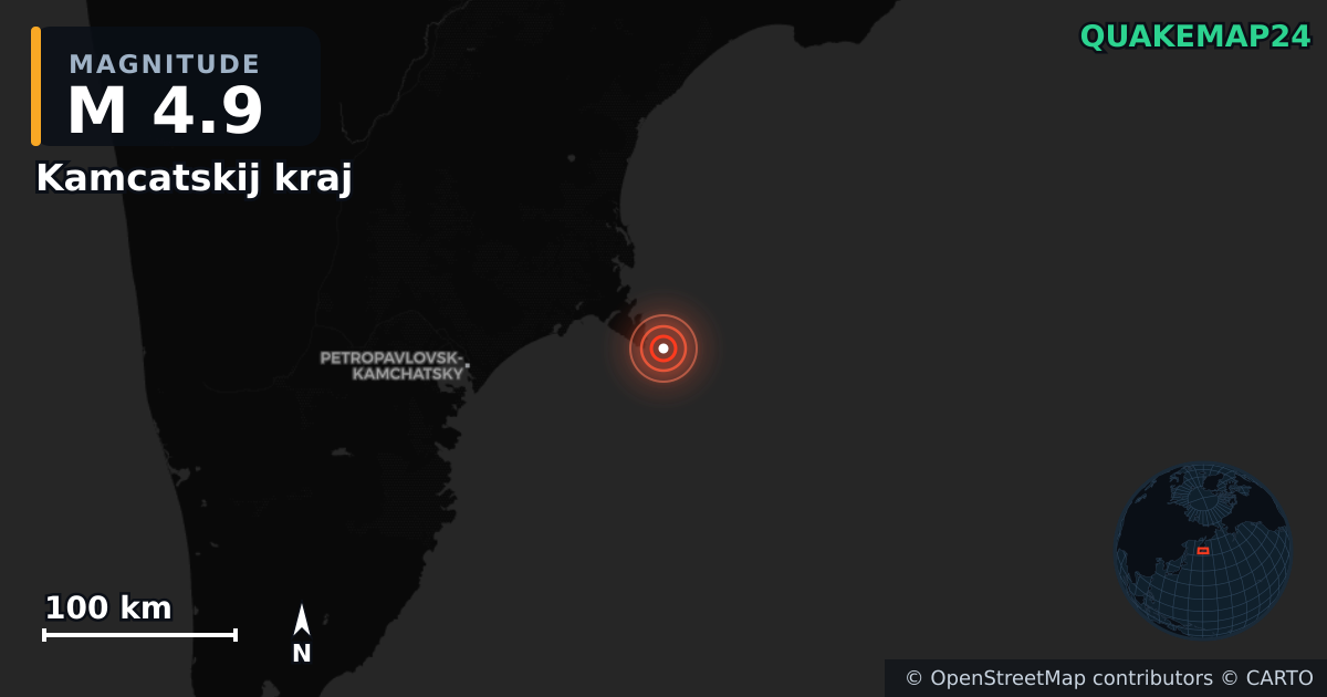 M4.9 earthquake near Kamcatskij kraj on Dec 6, 2025 — map of epicenter and shaking intensity | QuakeMap24