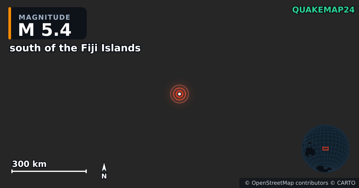 M5.4 earthquake near south of the Fiji Islands on Nov 20, 2025 — map of epicenter and shaking intensity | QuakeMap24
