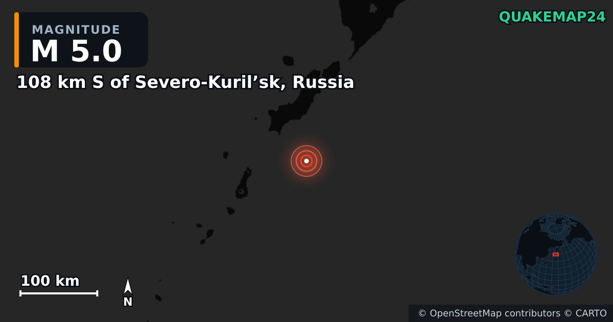 M5.0 earthquake near 108 km S of Severo-Kuril’sk, Russia on Jul 30, 2025 — map of epicenter and shaking intensity | QuakeMap24