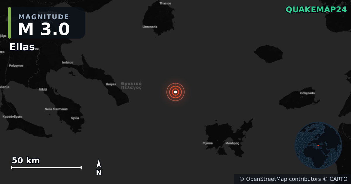 M3.0 earthquake near Ellas on May 14, 2026 — map of epicenter and shaking intensity | QuakeMap24