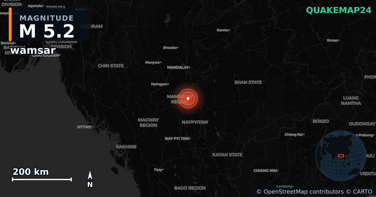 M5.2 earthquake near wamsar on Jan 15, 2026 — map of epicenter and shaking intensity | QuakeMap24