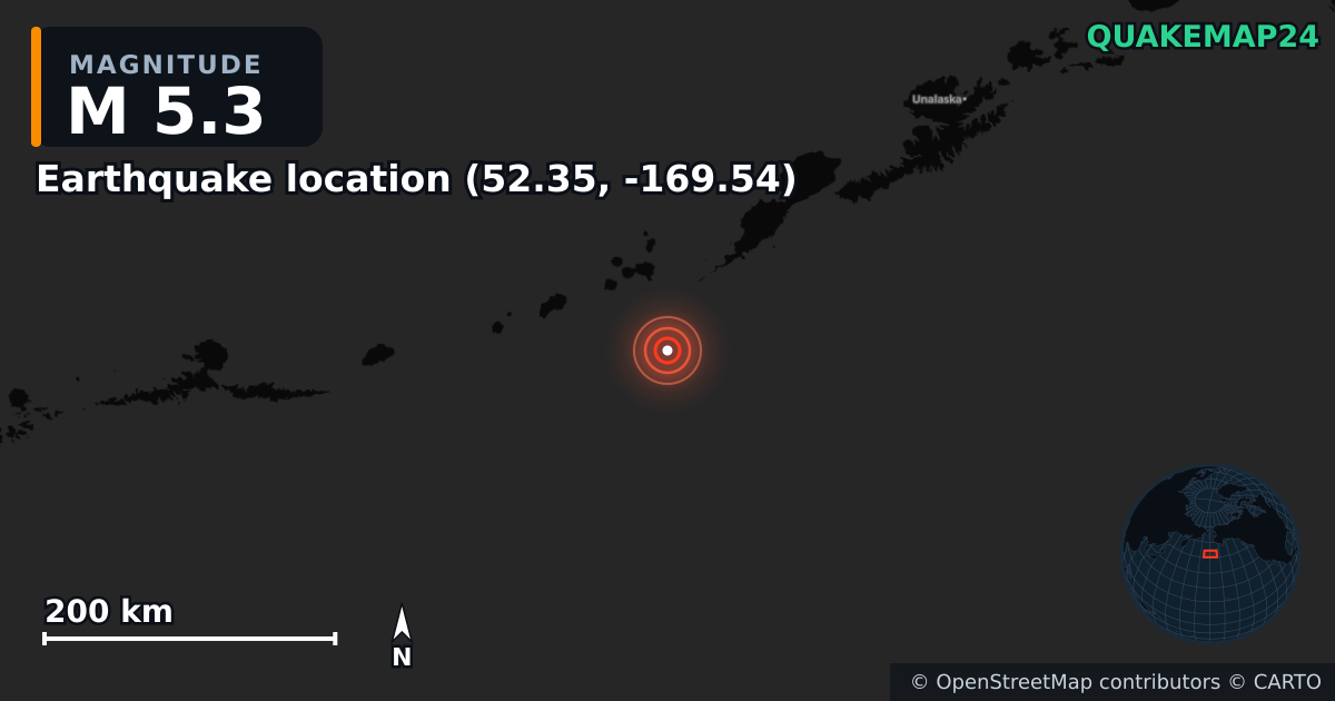 M5.3 earthquake near Local do sismo (52.35, -169.54) on Sep 6, 2025 — map of epicenter and shaking intensity | QuakeMap24