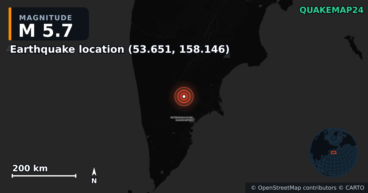 M5.7 earthquake near Deprem konumu (53.651, 158.146) on Sep 22, 2025 — map of epicenter and shaking intensity | QuakeMap24