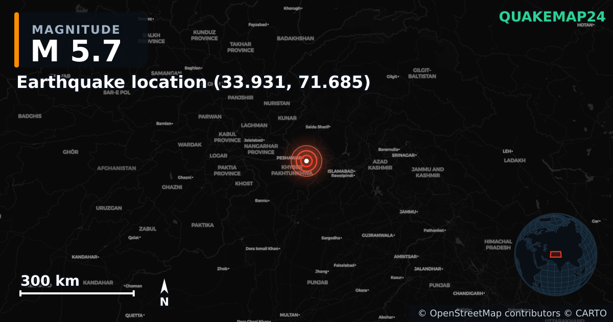 M5.7 earthquake near Earthquake location (33.931, 71.685) on Oct 21, 2025 — map of epicenter and shaking intensity | QuakeMap24