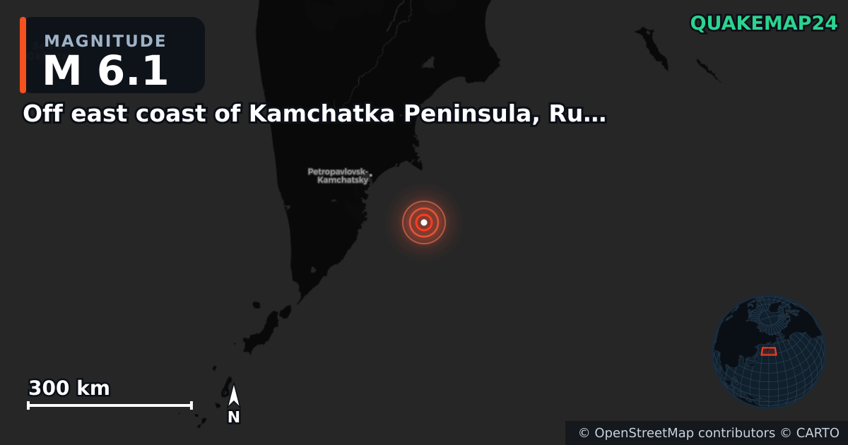 M6.1 earthquake near Off east coast of Kamchatka Peninsula, Russia [Sea: Russia] on Nov 4, 2025 — map of epicenter and shaking intensity | QuakeMap24