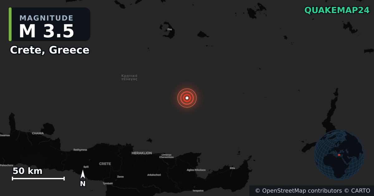 M3.5 earthquake near Crete, Greece on Nov 2, 2025 — map of epicenter and shaking intensity | QuakeMap24