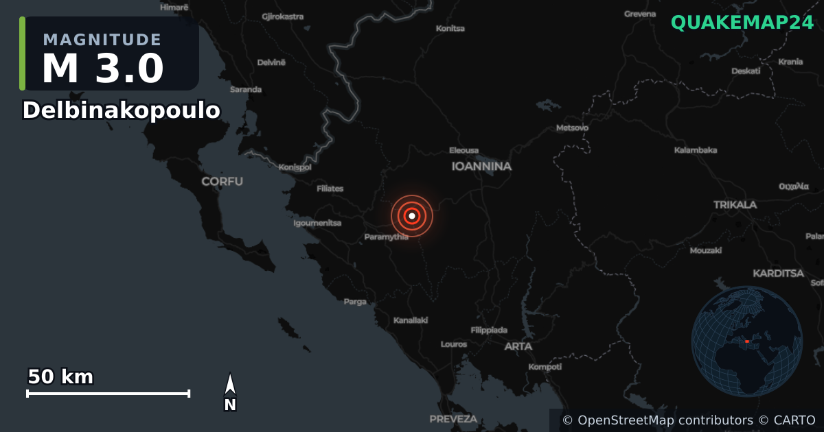 Σεισμός M3,0 κοντά στο Δελβινακόπουλο, Περιφέρεια Ηπείρου (Ελλάδα) · 2026-04-15 — Χάρτης της θέσης του επικέντρου