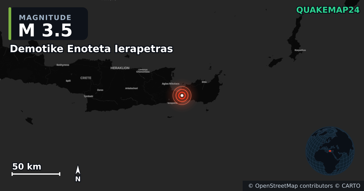 M3.5 earthquake near Demotike Enoteta Ierapetras on Feb 5, 2026 — map of epicenter and shaking intensity | QuakeMap24