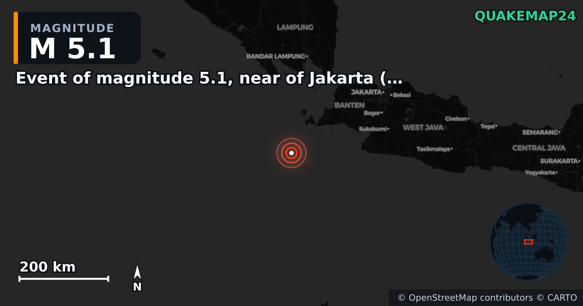 M5.1 earthquake near Event of magnitude 5.1, near of Jakarta (Monde) on Mar 21, 2026 — map of epicenter and shaking intensity | QuakeMap24