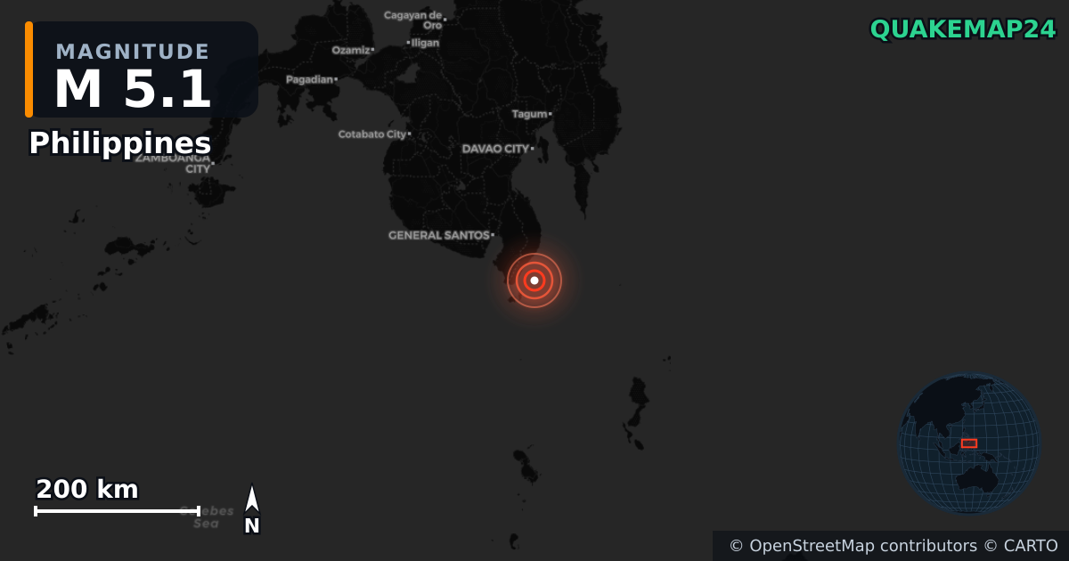 M5.1 earthquake near Philippines on Mar 28, 2026 — map of epicenter and shaking intensity | QuakeMap24