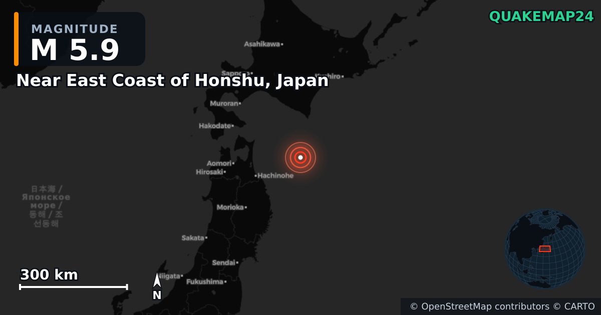 M5.9 earthquake near Near East Coast of Honshu, Japan on Dec 8, 2025 — map of epicenter and shaking intensity | QuakeMap24