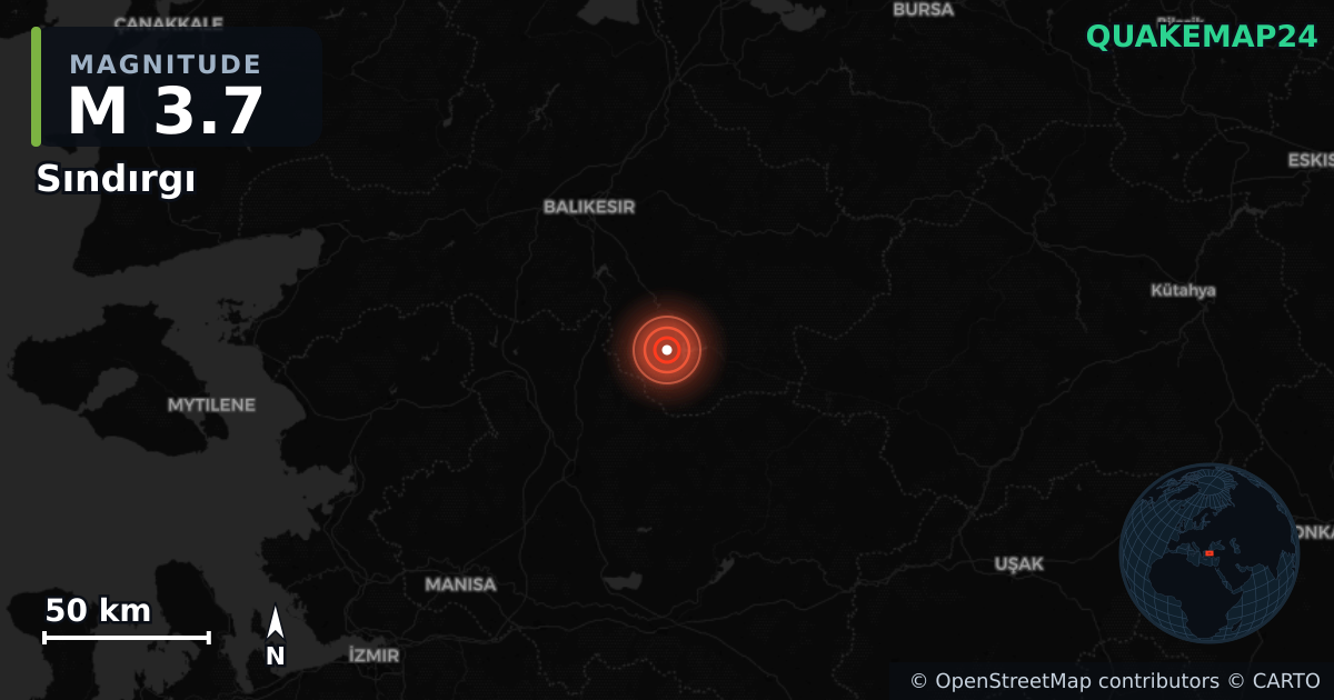 M3.7 earthquake near Sındırgı on Nov 10, 2025 — map of epicenter and shaking intensity | QuakeMap24