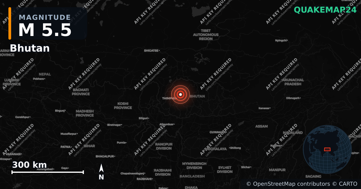 M5.5 earthquake near Bhutan on Jun 7, 2026 — map of epicenter and shaking intensity | QuakeMap24