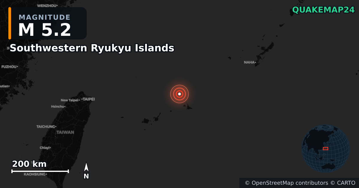 M5.2 earthquake near Southwestern Ryukyu Islands on Mar 5, 2026 — map of epicenter and shaking intensity | QuakeMap24