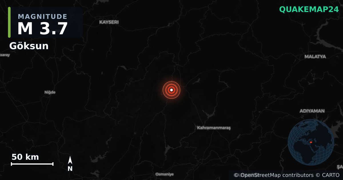 M3.7 earthquake near Göksun on Aug 5, 2026 — map of epicenter and shaking intensity | QuakeMap24
