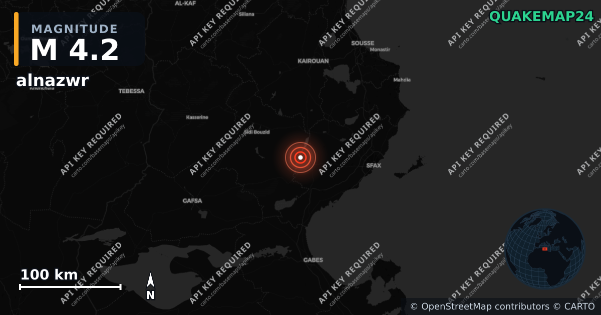 M4.2 earthquake near alnazwr on Jun 22, 2026 — map of epicenter and shaking intensity | QuakeMap24