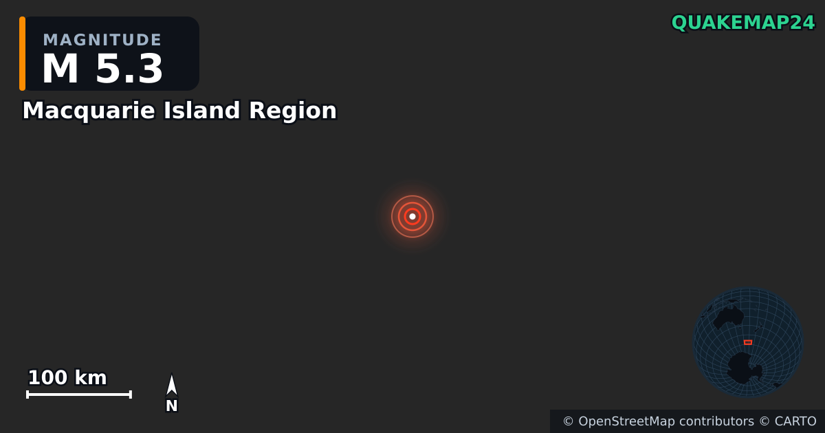 M5.3 Earthquake near Macquarie Island Region · 2025-07-29 — Map showing the location of the epicenter
