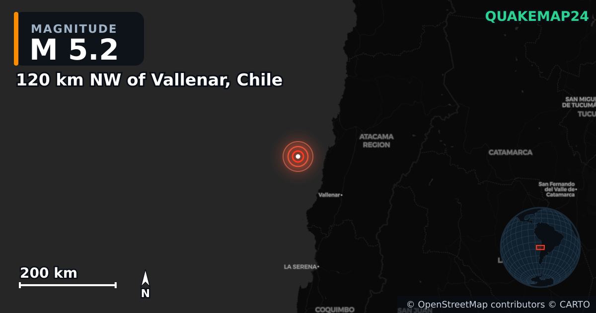 Sismo de M5,2 perto de 120 km NW of Vallenar, Chile — Mapa da localização do epicentro