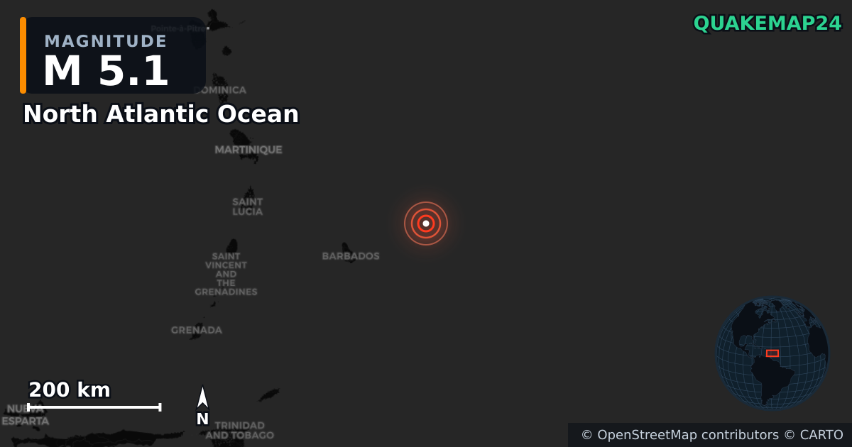 North Atlantic Ocean yakınında M5,1 deprem · 2025-11-11 — Deprem merkez üssünün konumunu gösteren harita