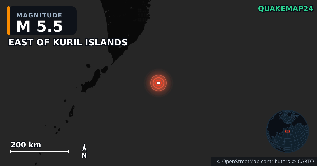M5.5 earthquake near EAST OF KURIL ISLANDS on Aug 2, 2025 — map of epicenter and shaking intensity | QuakeMap24