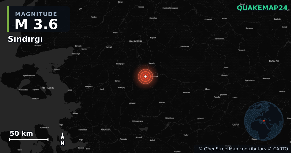 M3.6 earthquake near Sındırgı on Aug 24, 2025 — map of epicenter and shaking intensity | QuakeMap24
