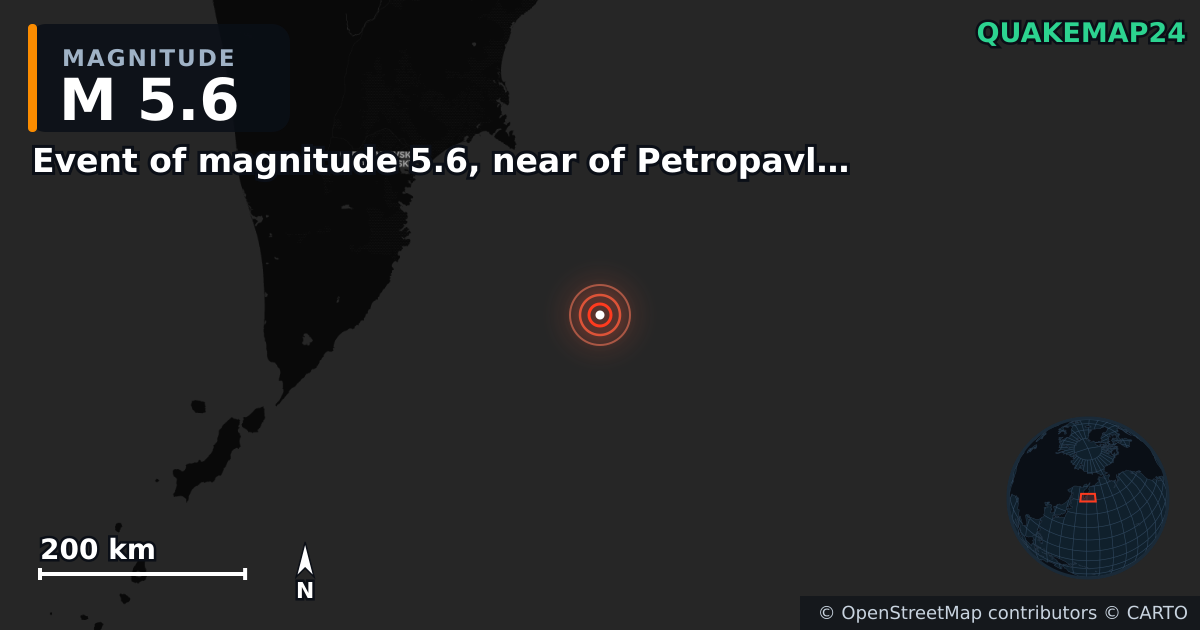 M5.6 earthquake near Event of magnitude 5.6, near of Petropavlovsk Kamchatskiy (Monde) on Dec 15, 2025 — map of epicenter and shaking intensity | QuakeMap24