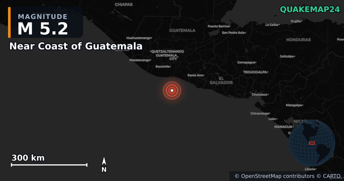 Near Coast of Guatemala yakınında M5,2 deprem — Deprem merkez üssünün konumunu gösteren harita