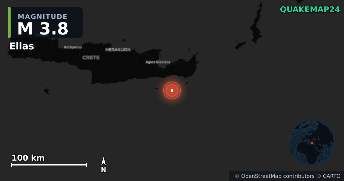 M3.8 earthquake near Ellas on Apr 24, 2026 — map of epicenter and shaking intensity | QuakeMap24