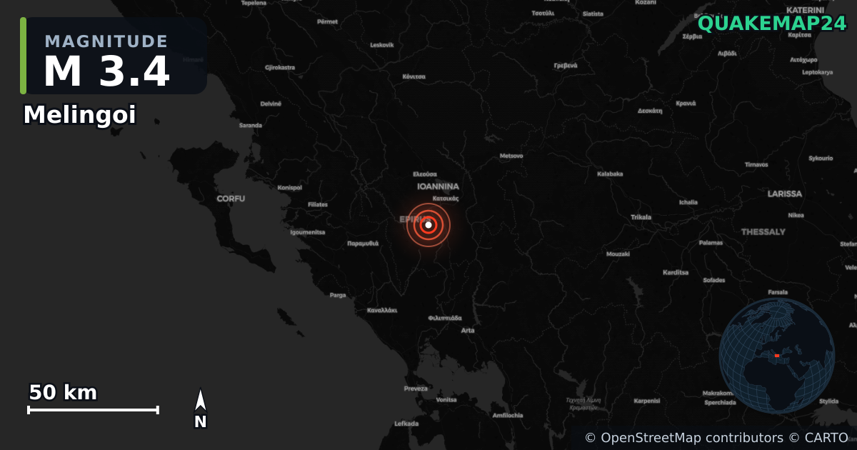 M3.4 earthquake near Melingoi on Apr 7, 2026 — map of epicenter and shaking intensity | QuakeMap24