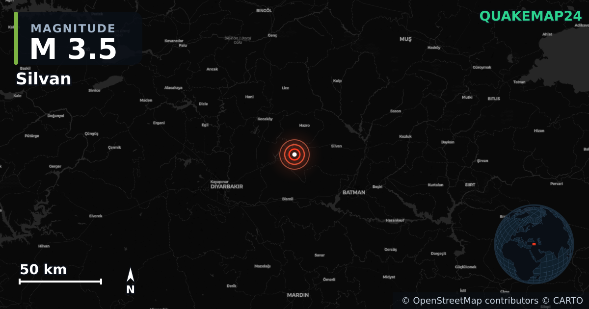 M3.5 earthquake near Silvan on Jul 24, 2026 — map of epicenter and shaking intensity | QuakeMap24