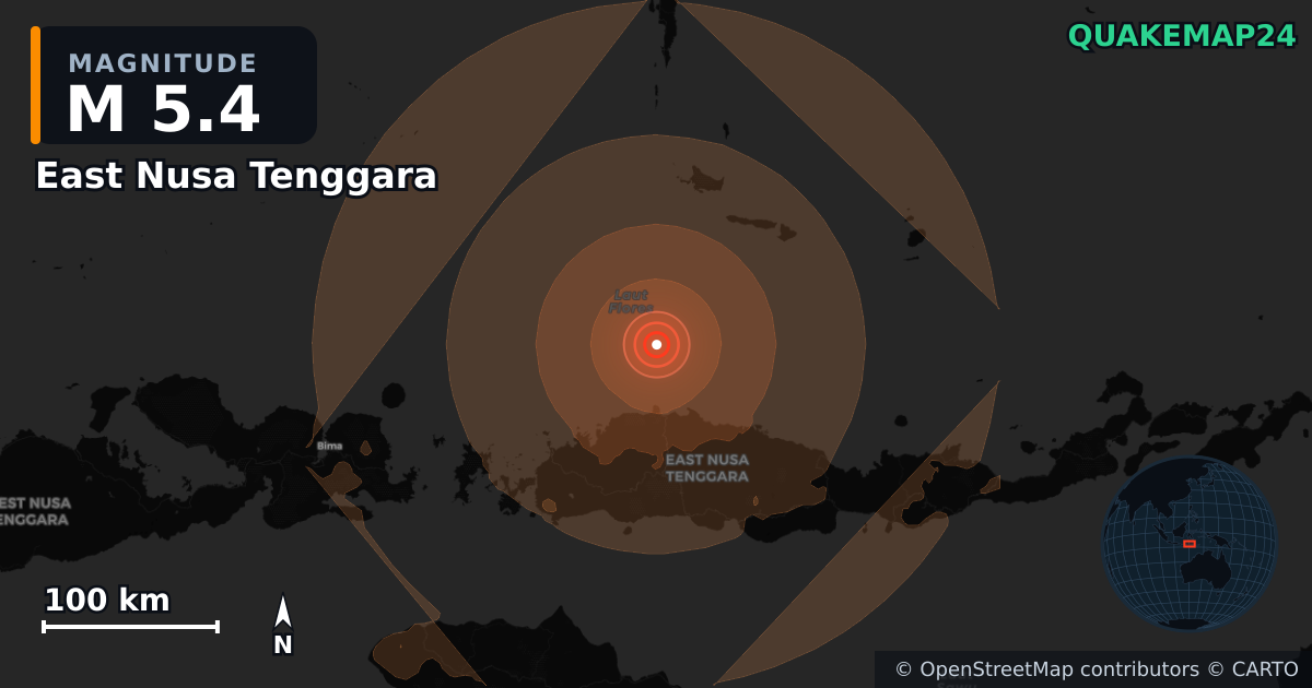 M5.2 earthquake near South Sulawesi on Aug 17, 2026 — map of epicenter and shaking intensity | QuakeMap24