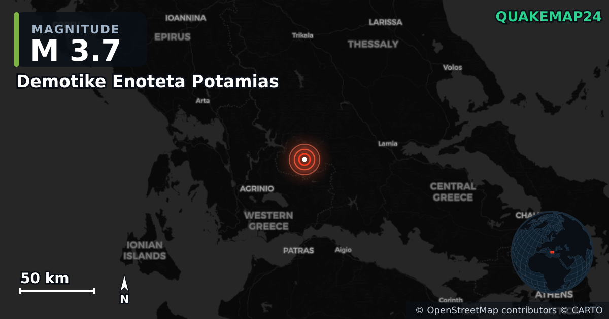 M3.7 earthquake near Demotike Enoteta Potamias on Feb 21, 2026 — map of epicenter and shaking intensity | QuakeMap24