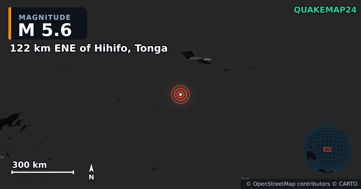 M5.6 earthquake near 122 km ENE of Hihifo, Tonga on Aug 18, 2025 — map of epicenter and shaking intensity | QuakeMap24