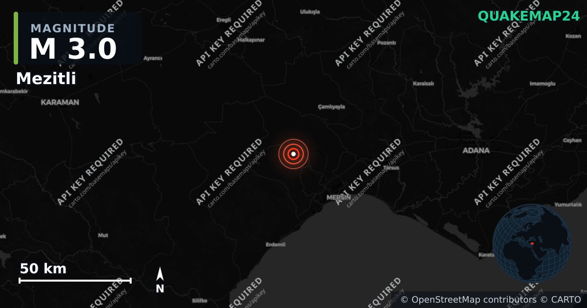 M3.0 earthquake near Mezitli on Sep 1, 2026 — map of epicenter and shaking intensity | QuakeMap24