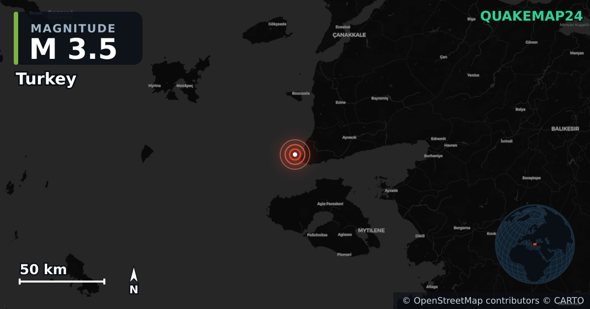 M3.5 earthquake near Turkey on Aug 16, 2025 — map of epicenter and shaking intensity | QuakeMap24