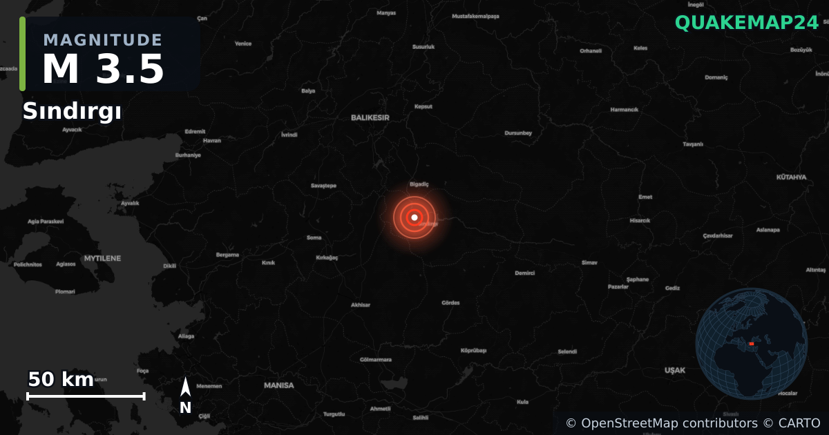 M3.5 earthquake near Sındırgı on Aug 20, 2025 — map of epicenter and shaking intensity | QuakeMap24