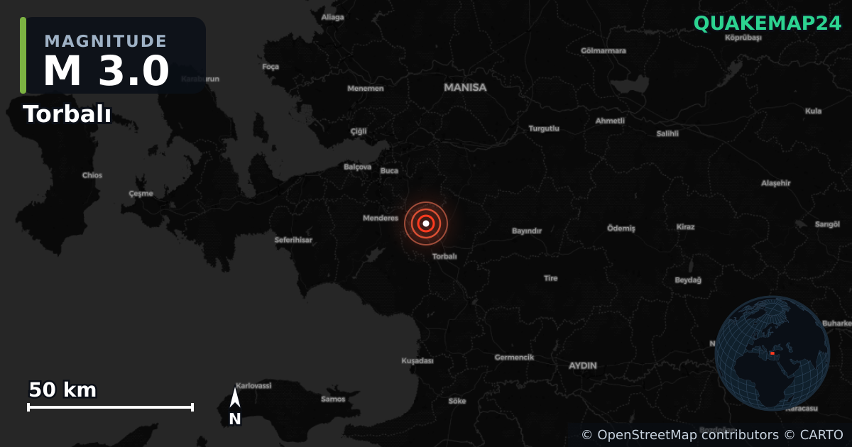 M3.0 earthquake near Torbalı on Oct 10, 2025 — map of epicenter and shaking intensity | QuakeMap24