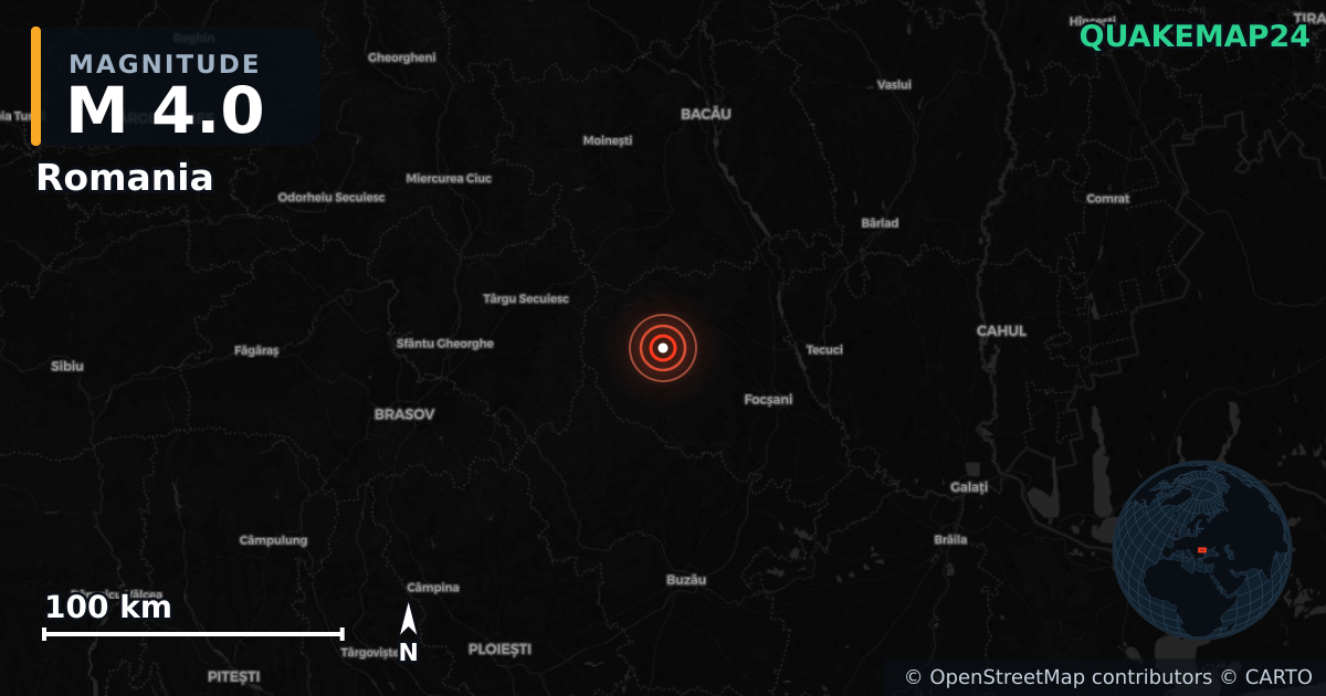 M4.0 earthquake near Romania on Oct 22, 2025 — map of epicenter and shaking intensity | QuakeMap24
