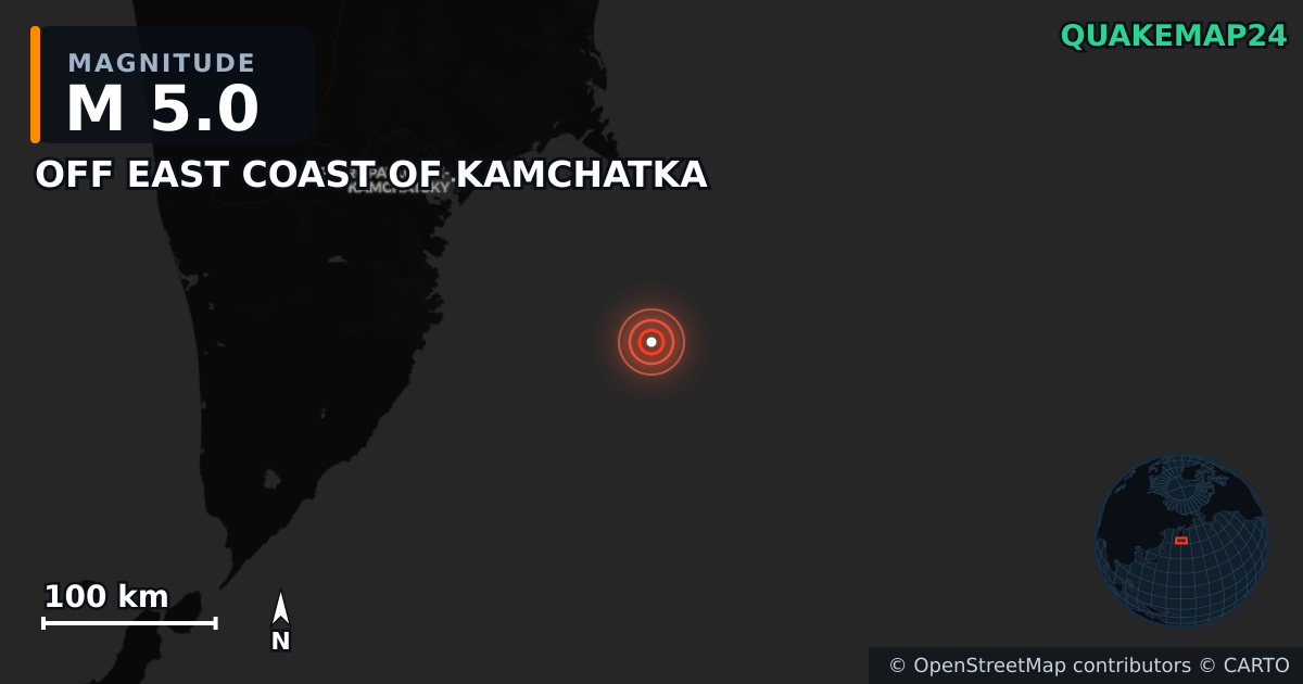 M5.0 earthquake near OFF EAST COAST OF KAMCHATKA on Aug 13, 2025 — map of epicenter and shaking intensity | QuakeMap24