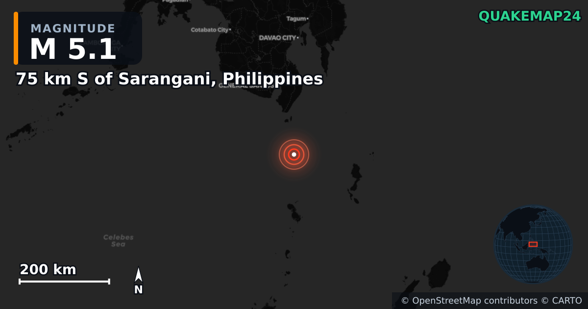 M5.1 earthquake near 75 km S of Sarangani, Philippines on Jun 8, 2026 — map of epicenter and shaking intensity | QuakeMap24