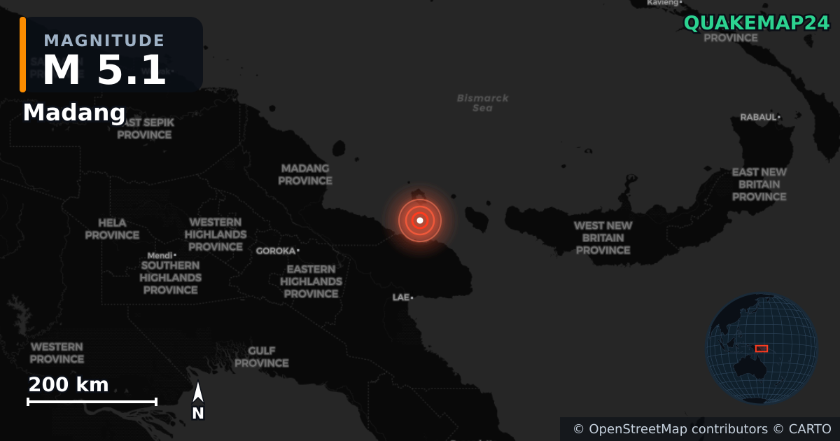 M5.1 earthquake near Madang on Jan 14, 2026 — map of epicenter and shaking intensity | QuakeMap24